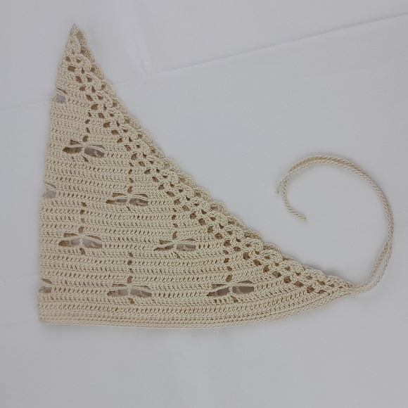 Cream Dragonfly Filet Crocheted Head Bandana Kerchief Tie Back - Picture 4 of 8